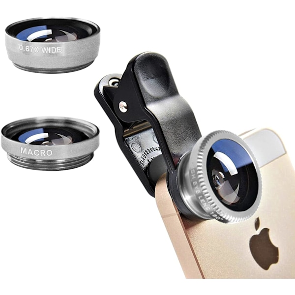 3-in-1-puhelinkameran linssisarja: Laajakulma, makro ja fisheye -linssit älypuhelimille, iPhone ja Android, hopea