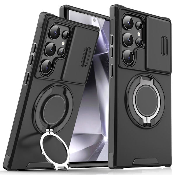 Kotelo Samsung Galaxy S25 Edge -puhelimelle, 360° kääntyvällä pidikkeellä, yksityisyyskameran suojus (musta)