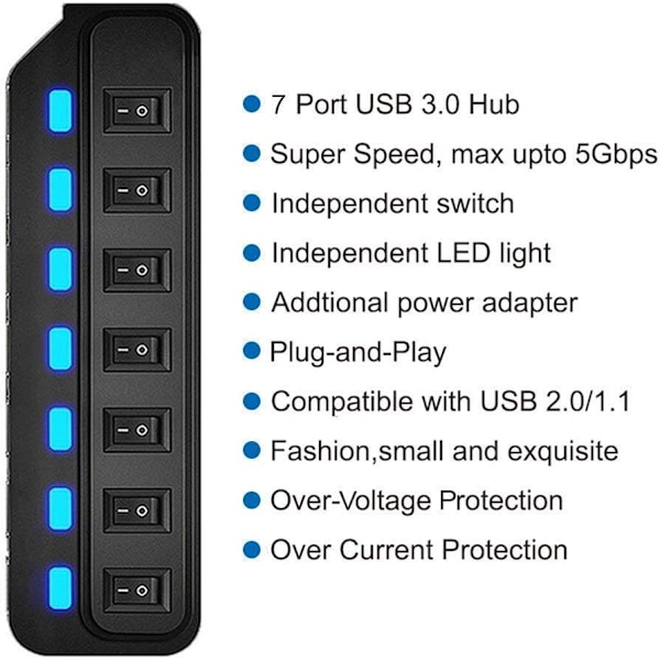 Usb-keskittimen moniporttisovitin, Usb 3.0 -portit yksittäisellä virtakytkimellä (7 porttia)