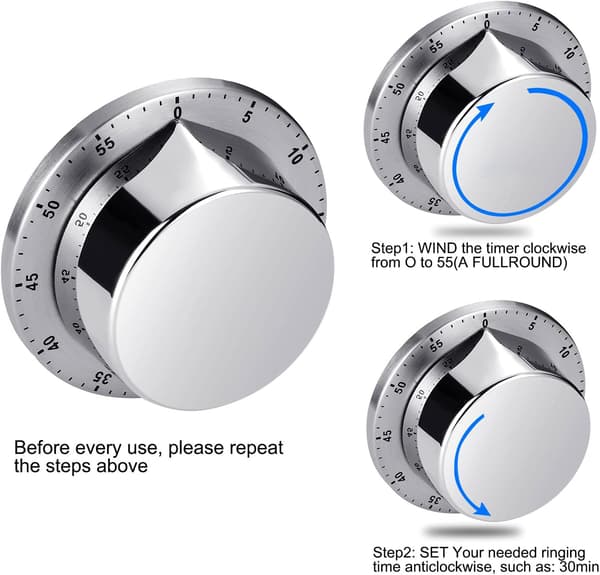 Kjøkkentimer, ingen batterier nødvendig, 100 % mekanisk - magnetisk bakside Silver