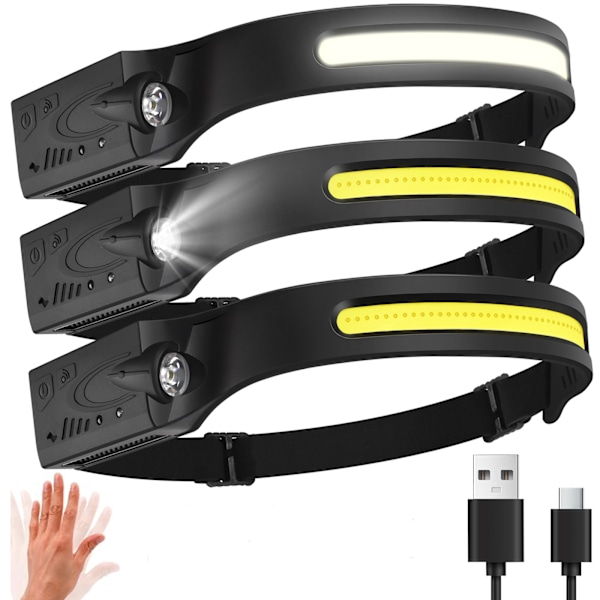 Laddningsbar pannlampa 5 lägen Vattentät, med 230° Bred Stråle, Rörelsesensor Svart 3-pack Black 3Pack
