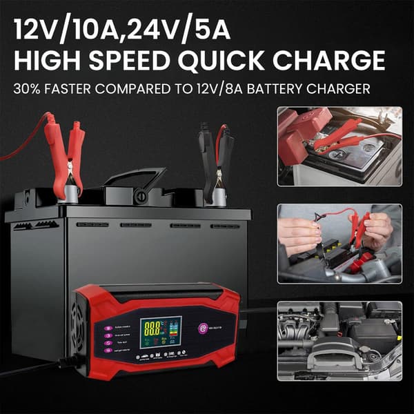 Batteriladdare - 10A 12V /24V med batterireparationsläge, LCD-display (rosa)