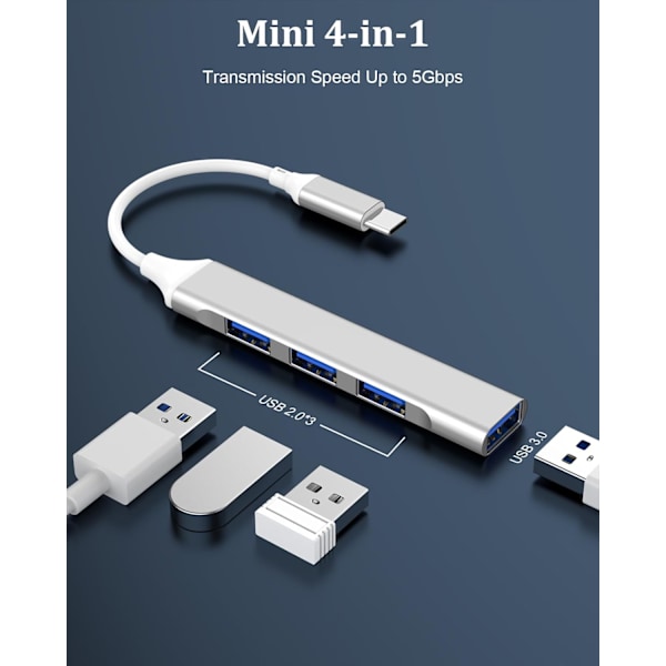 Adapter - USB C Hub Multiport, 4-i-1 Hub Typ C (Grå)