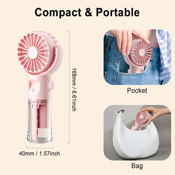 Fläkt - Portabel Vattenmist Handhållen Fläkt USB-laddning 4 Hastigheter (Rosa)