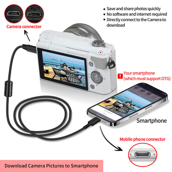 Sovittimet Micro 5Pin–Lightning OTG-kaapeli, Sony, Nikon, Fuji, Panasonic, Olympus