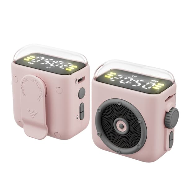 Bluetooth-højttaler med natlys og ur, med bagklips (pink)