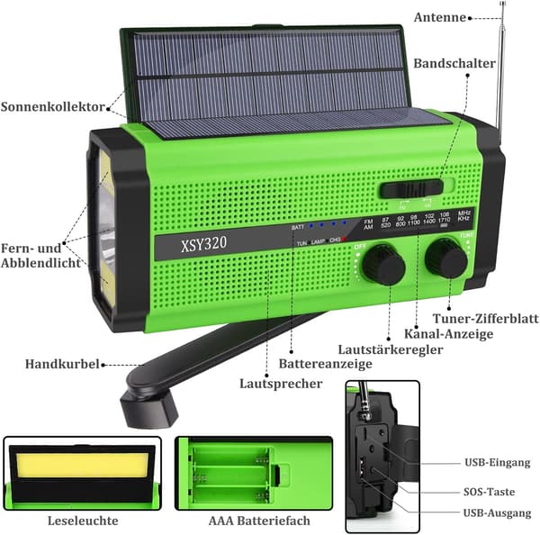 Hätäveivi aurinkoradio 5000 mAh, 5 virtalähdetilaa (vihreä)