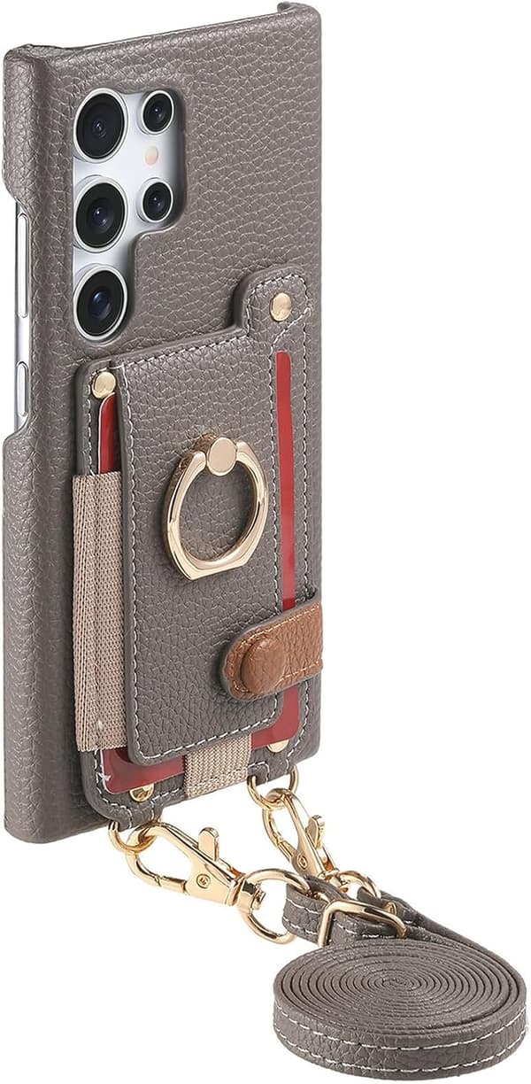 Fodral för Samsung Galaxy S25 Plus, med kortplatser, ringhållare, axelrem (grå)