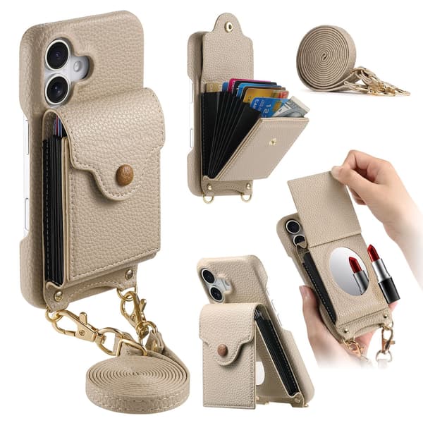 Etui Til Iphone 16E, Læderpung Med Snor Og Kompakt Spejl (Khaki)