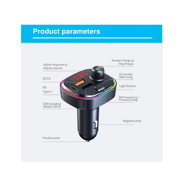 Bluetooth FM-sender for bil med QC3.0 hurtiglader & USB-C PD 18W & 7 LED bilradio Bluetooth-adapter