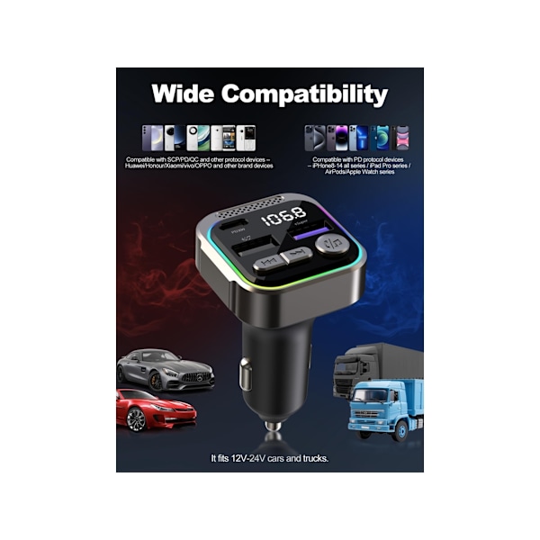 Bluetooth 5.3 FM-sender til bil Bluetooth-adapter til bil med PD30W Håndfri opkald Hi-Fi-lyd Support U-disk med lys P