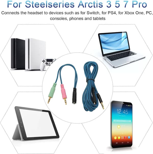Lydkabelerstatning for Steelseries Arctis 3 5 7, Arctis Pro, Switch, med Y-adapter