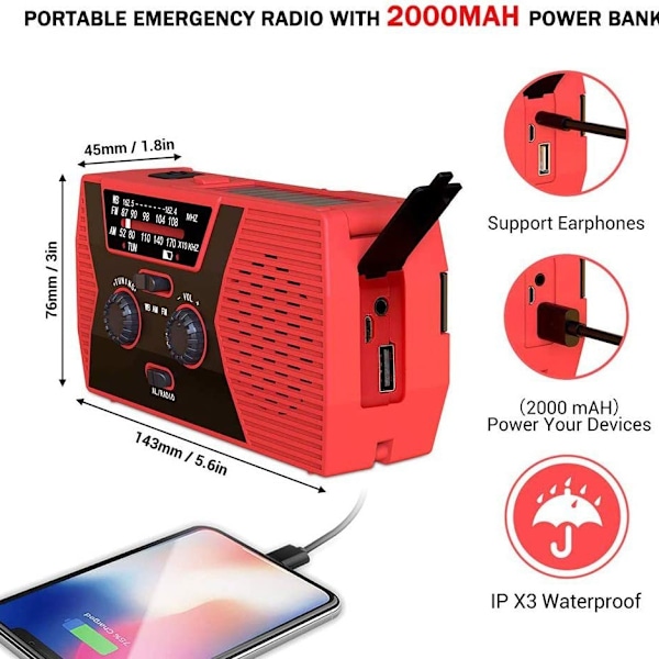 AM/FM/NOAA Solardriven radio med handvev, med SOS-larm, 2000mAh (gul)