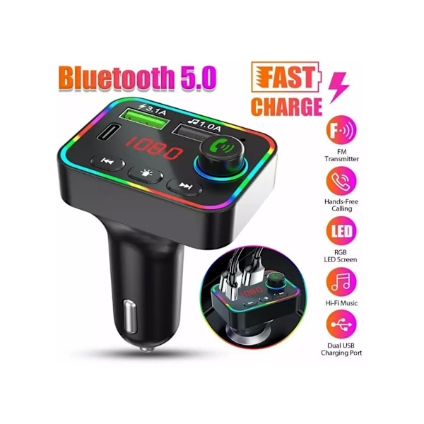 Langaton Bluetooth FM-radiolähetinadapteri autoon, handsfree-puhelusarja, laturi, 2 USB-porttia, 1 Type