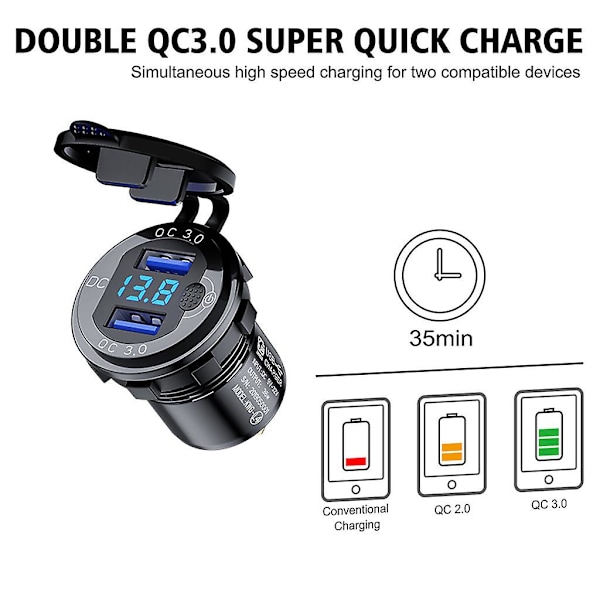 Usb-pistorasia, kaksoisnopea lataus 3.0 Usb-autonlaturi 36w Usb-virtapistorasia Blue