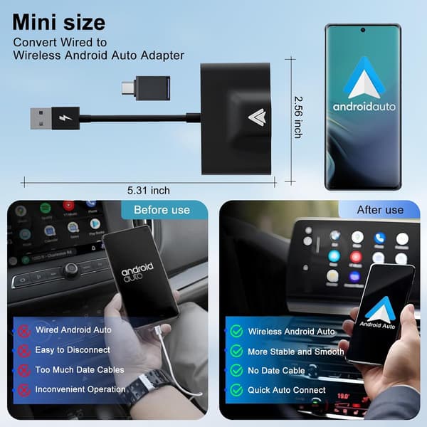 Trådløs adapter, for Android-telefoner, plug & play, konverterer fabrikk-kablet til trådløst