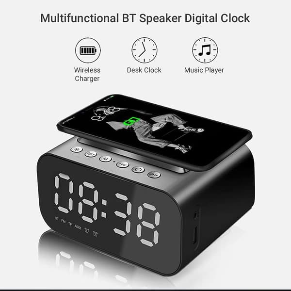 Coluna Bluetooth Bt510, LED digital väckarklocka telefon trådlös laddare (vit)