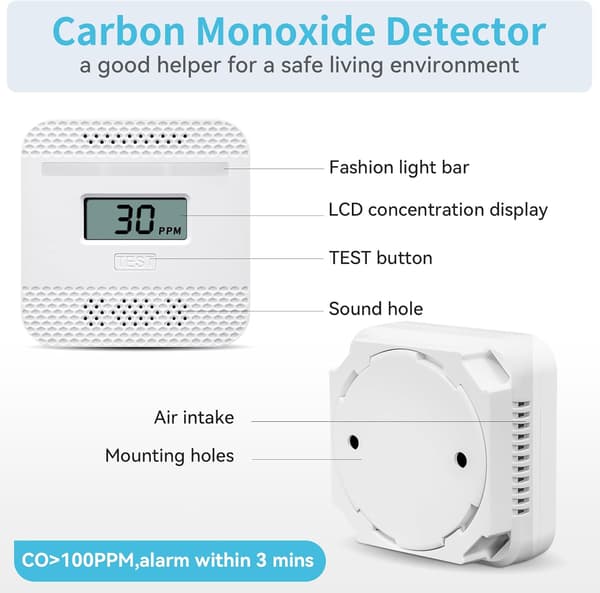 Kolmonoxiddetektor, med LCD digital display Ljud Ljus Varning, Batteridriven