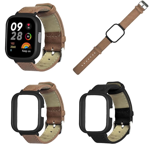 Strap+ Case för Redmi Watch 3 Läder Loop Armband Watch Bumpers Ram Brown