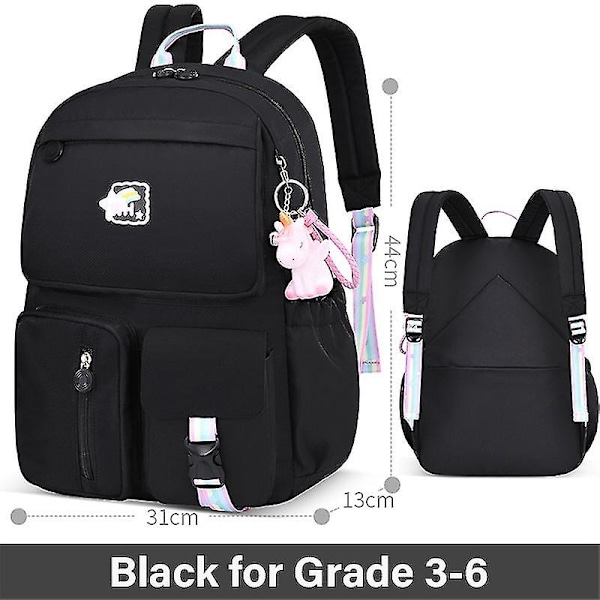 Koreansk regnbue skulderrem skoletaske til teenagere Vandtætte rygsække Black for Grade 3 to 6