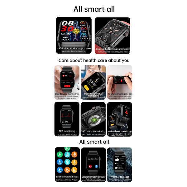 Ny E500 Blodsocker Smart Watch EKG-övervakning Blodtryck Kroppstemperatur Smartwatch Herr Ip68 Vattentät Fitness Tracker - Smart Watches Black -ECG Band