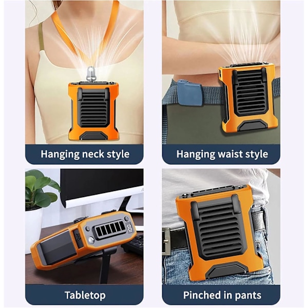 Blæser - Taljeklemmeblæser 5000Mah Usb Bærbar Genopladelig Køler Med Led-lys 4 Vindhastigheder (Orange)