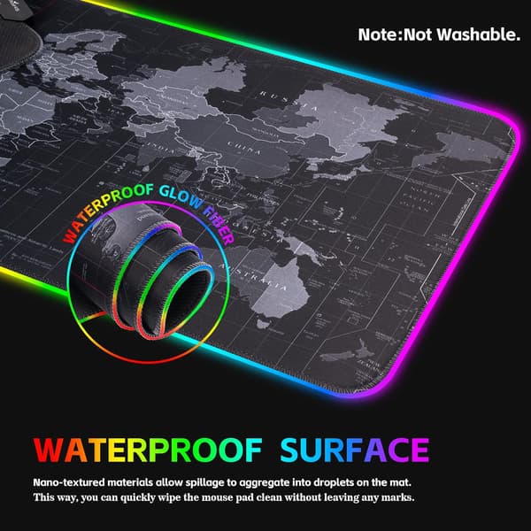 RGB Gaming Musematte, Ekstra Stor Gaming Musematte For Spillere, Vanntett Kontorbordmatte Med 14 Lysmoduser 800*300*3Mm World Map