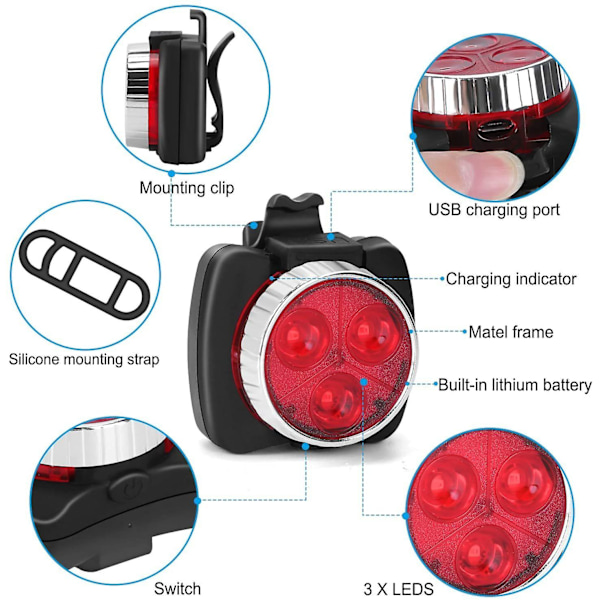 LED-sykkellys, oppladbart sykkellys foran, 4 lysstyrkemoduser, vanntett støtsikkert USB-lys, for MTB VTC-sykkelcamping (svart)