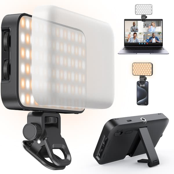 Selfie-lys 96 LED med myk diffuser og innebygd stativ, oppladbart klipsfylllys