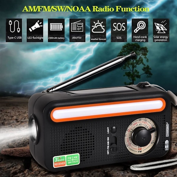Solradio 2000Mah, Noaa/Am/Fm-radio med LED-ficklampa, automatisk varning för orkaner (mörkgrön)
