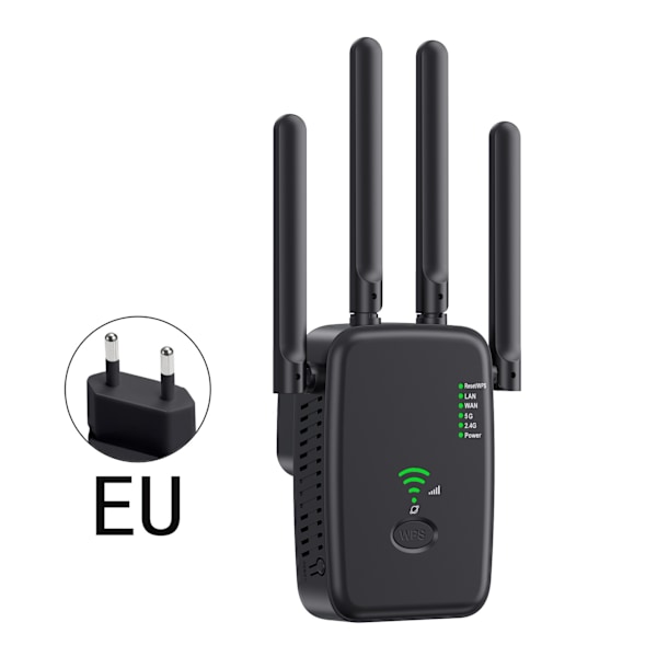 Wi-Fi-vahvistin, 1200 Mbps Dual Band 5 GHz ja 2,4 GHz, tukee toistin-/reititin-/AP-tilaa (musta)