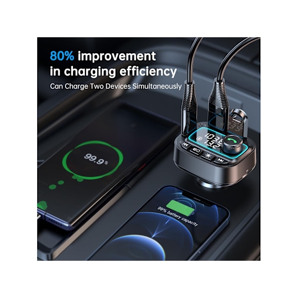 PD30W & 12W Bluetooth 5.3 Biladapter, Håndfri, Dyb Bas, Hurtig Opladning (Sort)