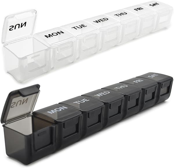 2-pack veckopillerorganisatör, stor 7-dagars pillerask (vit och svart)