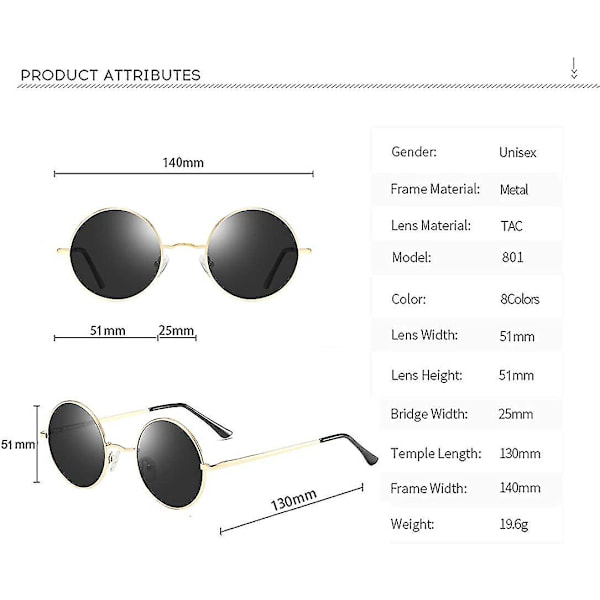 Vintage Pyöreä John Lennon Polarisoidut aurinkolasit Miesten Naisten Circle Hippie Aurinkolasit Black Lens-gold Frame