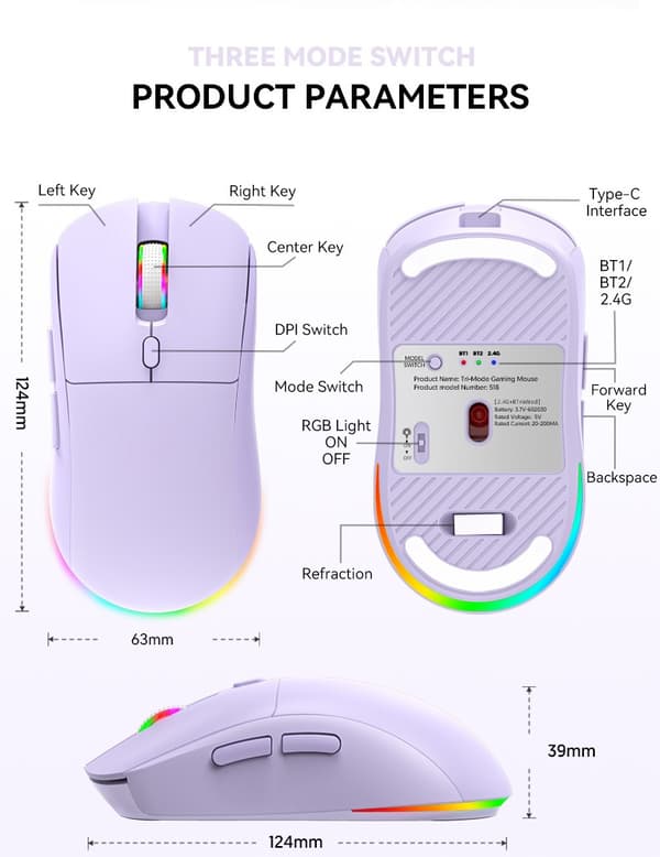 Mus, 6400DPI RGB Trådløs, Tre-tilstand (Pink)