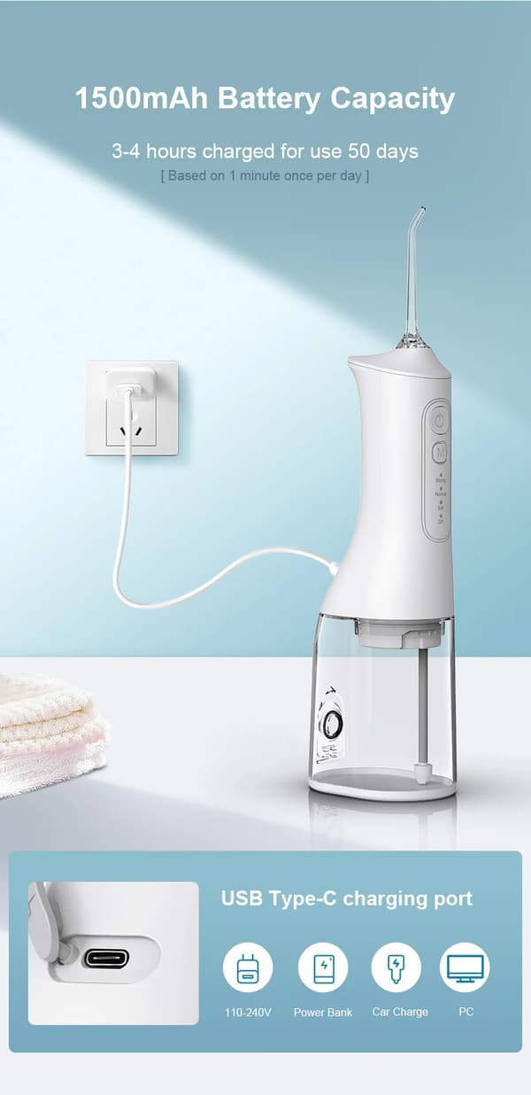 Oral Irrigator, 4 tilstande til rengøring af tænder, 300 ml vandtank (sort)