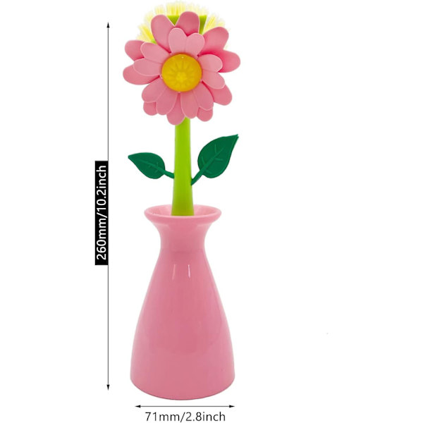 Långt skaft diskborste, blomma diskborste Nylon disk skurborste med stativ köksdiskborste pink