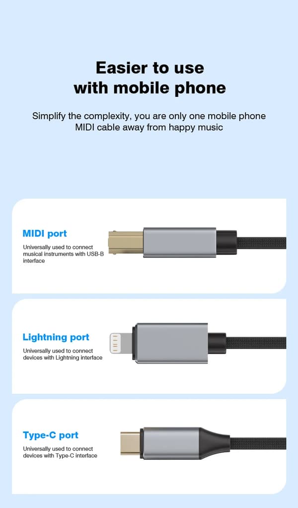 Adapterit 2-in-1 Type-C, Lightning - USB-B MIDI-instrumentti/tulostinkaapeli (musta)