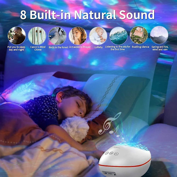 Ocean Wave Night Light-projektor, 8 farvetilstande, indbygget musikafspiller, fjernbetjening og timer (sort)