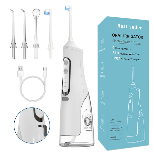 Kannettava hammaslanka 310 ml 4 suutinta 4 nopeutta USB-ladattava kädessä pidettävä hampaiden puhdistaja - valkoinen