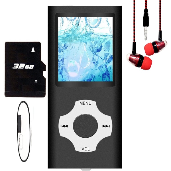 Mp3-spelare/Mp4-spelare med 64gb/32gb/16gb minne SD-kort Smal klassisk digital LCD-skärm 1,82 tums skärm Mini USB port med FM-radio, röst black 32GB