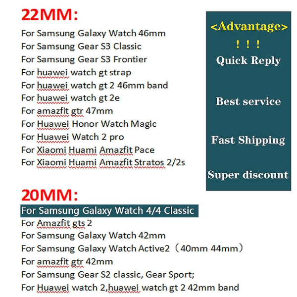 20 mm 22 mm rem för Samsung Watch Galaxy 4/3/46 mm/active 2/gear S3/amazfit Nylon Watchband Armband Huawei Gt/2/2e/3/ pro Band 20mm 7