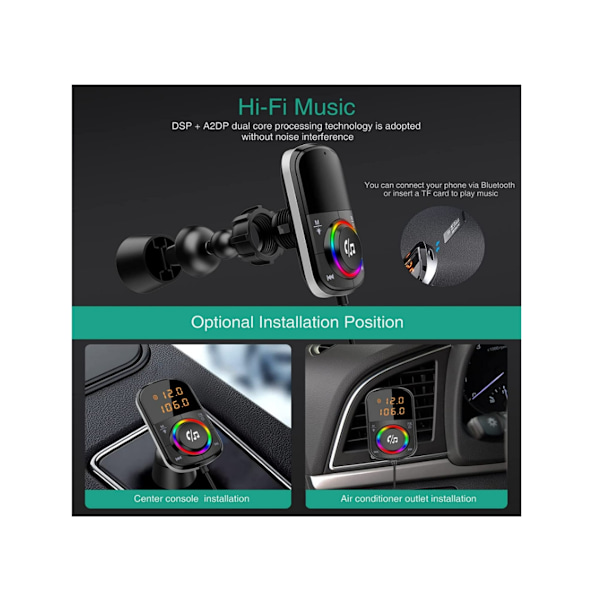 Bluetooth FM-sändare, Trådlös Bluetooth 5.0 Bilradio USB C Billaddare Snabbladdning PD 18W E,