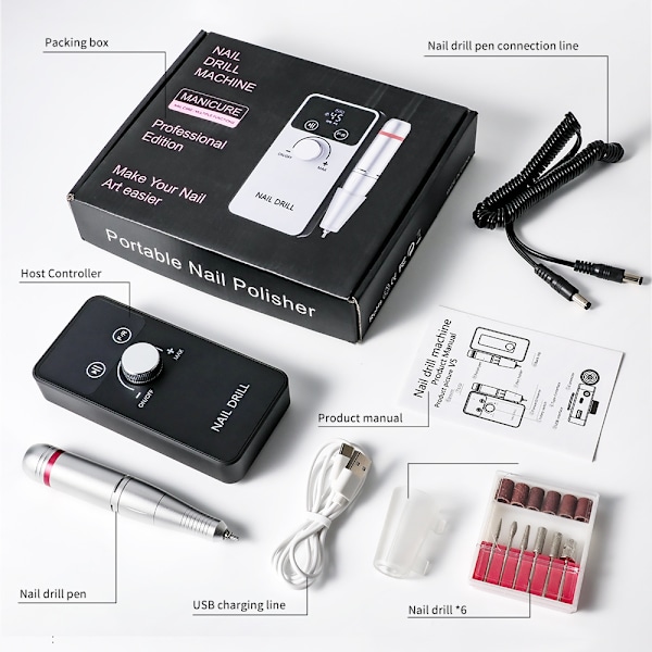 45000Rpm Elektrisk Nagelborr, 6-i-1 Sladdlös Manikyrset, 2000Mah Uppladdningsbar Lcd Nagelverktyg Vit
