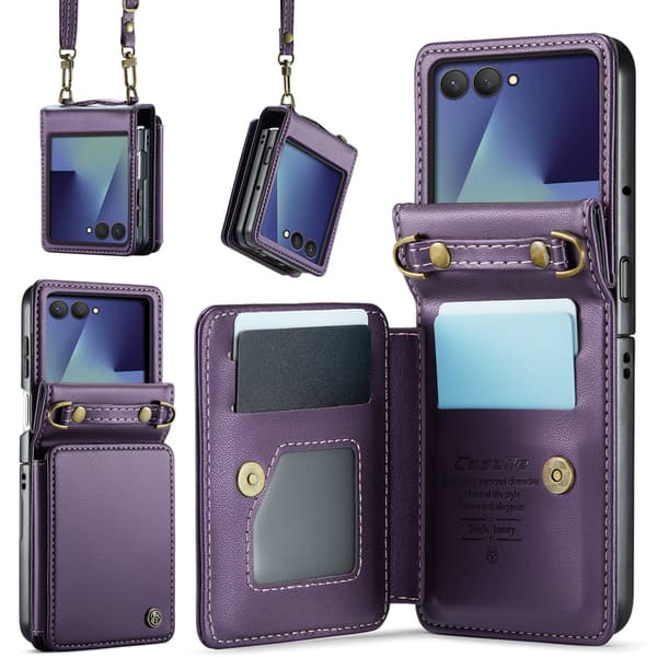 Etui Til Samsung Galaxy Z Flip 7, Med Rfid-Blokerende Kortholder Og Remstativ (Lilla)