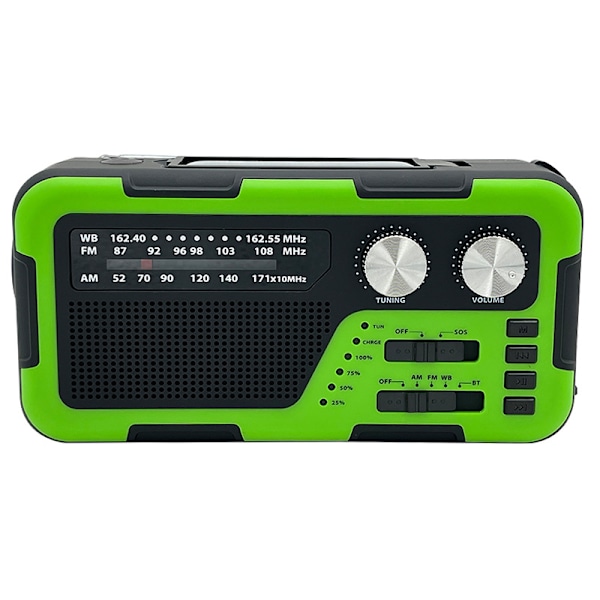 Aurinkoradio, käsin veivattava virrantuotanto hätätilanteisiin, vahva valo ja taskulamppu (vihreä)