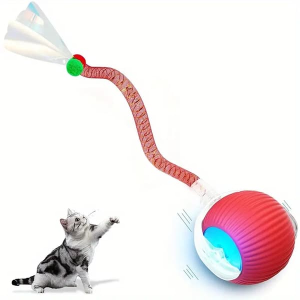 Legetøjsbolde til kat og hund, interaktiv rullende kattebolde med elastisk net hale (rød)