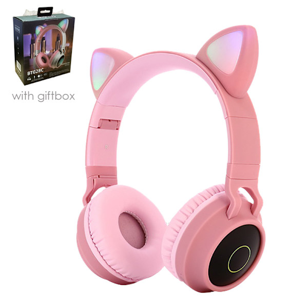 Cute Cat Ear Headset LED trådløs Bluetooth-kompatible hovedtelefoner med mikrofon glødende øretelefoner til børn Gaver døtre piger Pink