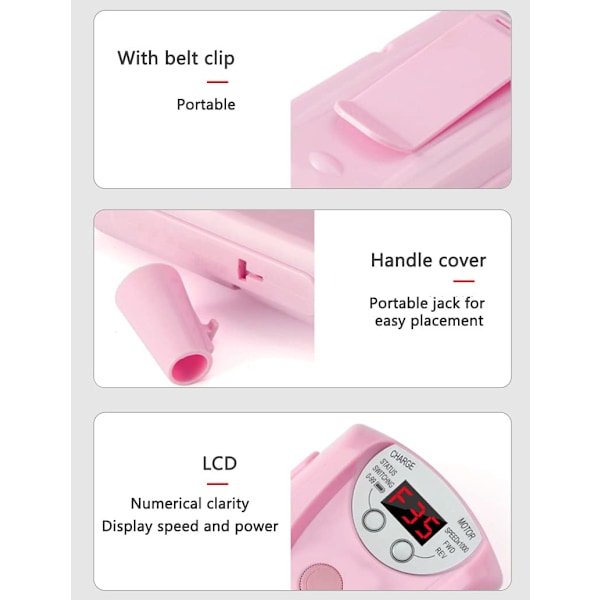 Elektrisk nagelfilmaskin, professionell uppladdningsbar 35000 varv/min nagelfil, med 6 bits (Rosa)