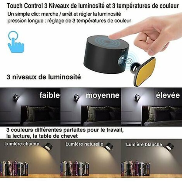 Touch LED-vägglampa med USB laddningsport Touch-kontroll, 3 ljusstyrkanivåer 3 temperaturer 360 vridbara sovrumslampor 1-pack (svart)
